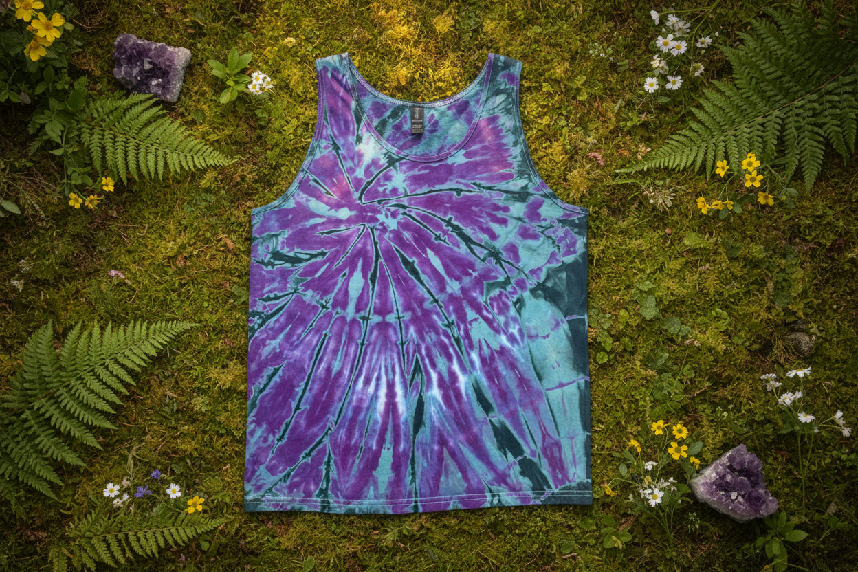 Amythest Moss Tie Dye Unisex Cotton Tank Top - Overhead
