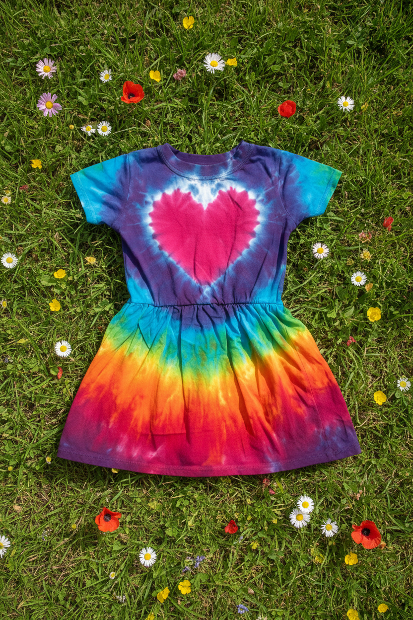 Rainbow Heart Toddler Hand Dyed Cotton Summer Dress - Full View